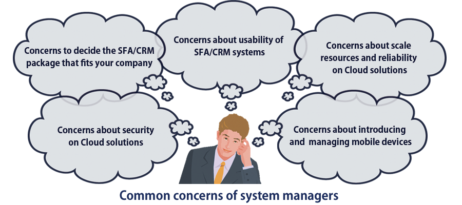 Common concerns of system managers：Concerns to decide the SFA/CRM package that fits your company、Concerns about usability of  SFA/CRM systems、Concerns about security on Cloud solutions、Concerns about scale resources and reliability on Cloud solutions、Concerns about introducing and  managing mobile devices