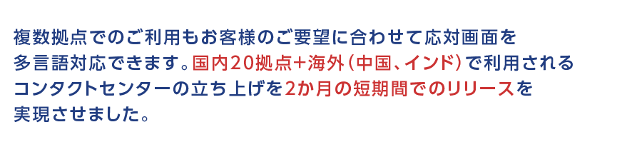 複数拠点でのご利用もお客様のご要望に合わせて応対画面を多言語対応できます。国内20拠点＋海外（中国、インド）で利用されるコンタクトセンターの立ち上げを2か月の短期間でのリリースを実現させました。